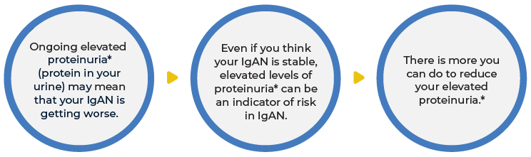 Ongoing elevated proteinuria may mean that your IgAN is getting worse. Even if you think your igAN is stable, elevated levels of proteinuria can be an indicatior of risk in IgAN. There is more you can do to reduce your elevated proteinuria.